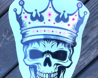 Metallic Silver King Skull Crown Die Cut Vinyl Sticker Decal (8.5 x 11.5 inches)