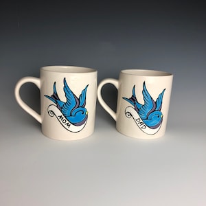 Mothers Fathers Day Sparrow Swallow tattoo coffee cup handmade hand made ceramic pottery tattoo OHIO USA