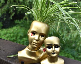 Set of 2 Gold Doll Head Planters with Spider Plant Creepy Mannequin Plant Pot Goth Garden Art Oddities Curiosities Quirky Decor