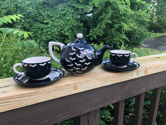 6 Piece Black Bat Tea Set Ceramic Halloween Decor Goth Pottery Bats Teacup Teapot  Tea Cup Tea Pot OOAK 