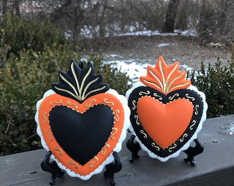 Handmade Sacred Heart Wall Plaque: Black & Orange Pottery with Gold Accents