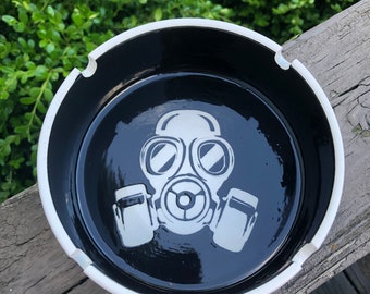 Black Flames Gas Mask Ashtray handmade hand made OHIO USA ceramic pottery tattoo