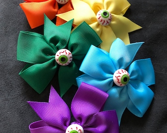 5 bright rainbow colored eyeball hair bow clips rockabilly psychobilly pin up accessory barrette