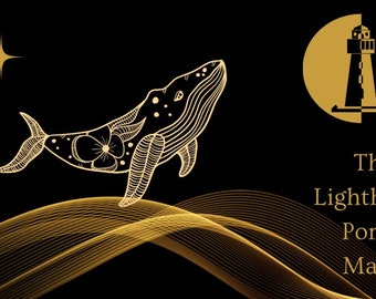 May include: A gold whale with floral details leaps over a wave of gold lines against a black background. The text "The Lighthouse Portal Maui" is in gold lettering on the right side of the image.