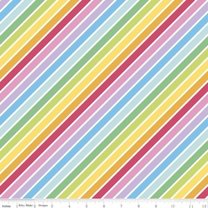 May include: A colorful fabric with diagonal stripes in a rainbow of colors, including red, orange, yellow, green, blue, and purple. The stripes are approximately 1 inch wide, with white stripes separating each color. The fabric is marked with inches.