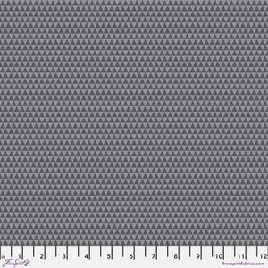 May include: A close-up of a gray fabric with a repeating pattern of small, dark gray triangles. The triangles are evenly spaced and create a textured appearance. The fabric is measured with a ruler in inches.