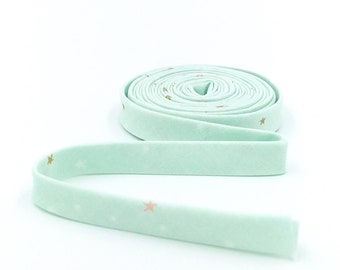 Double Fold Bias Tape 1/2'' Spin & Twirl Stars Mist Mint Green Sparkle Gold Bias Binding