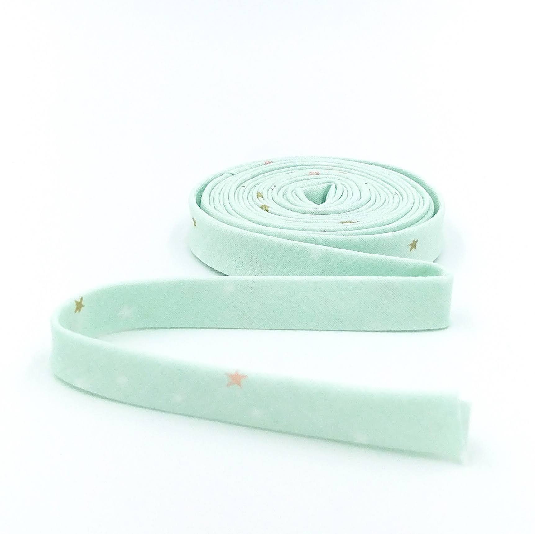 Double Fold Bias Tape 1/2'' Spin & Twirl Stars Mist Mint Green Sparkle Gold Bias Binding