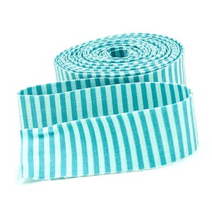 May include: A roll of fabric ribbon featuring a repeating vertical stripe pattern in alternating shades of light blue and teal. The ribbon is coiled into a circular shape with one end extending outward, displaying a consistent woven texture.
