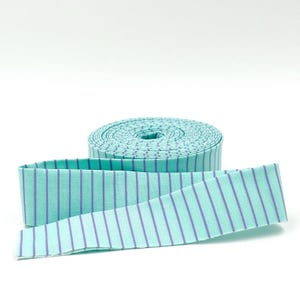 May include: A roll of mint green fabric ribbon featuring thin, vertical purple stripes. The ribbon is coiled into a circular spool with one end extending outward, displaying the consistent striped pattern across the entire length of the material.