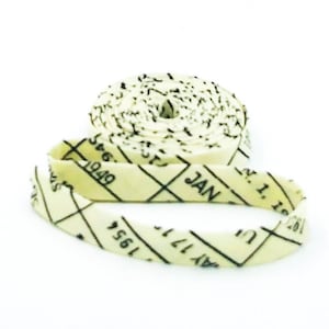 May include: A roll of off-white ribbon with black text and diamond patterns. The text includes dates and the word "JAN". The ribbon is unrolled in a loop in the foreground.