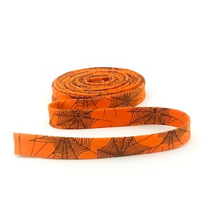 Double Fold Bias Tape 1/2'' Spider Webs Orange Halloween Bias Binding