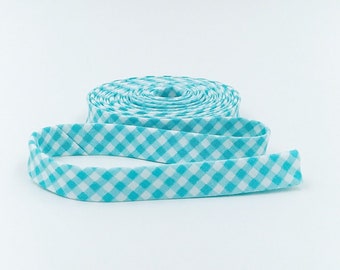 Double Fold 1/2'' Bias Tape 1/8'' Gingham Aqua Bias Binding