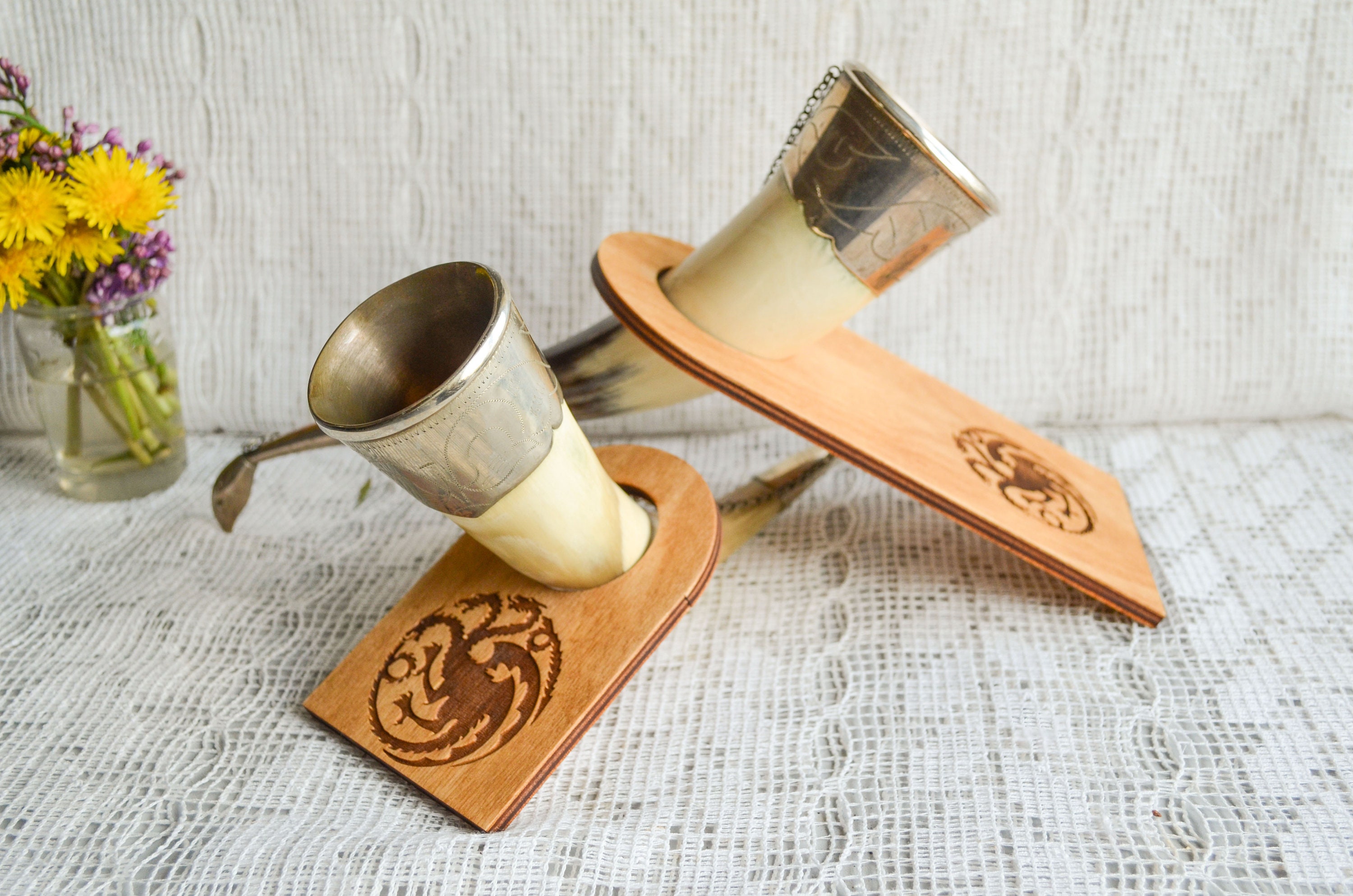 Personalized Viking drinking horn stand wooden holder Beer Etsy