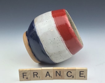 Handmade ceramic pottery France flag inspired whiskey, wine, tea cup mug tumbler yunomi holds 12oz.