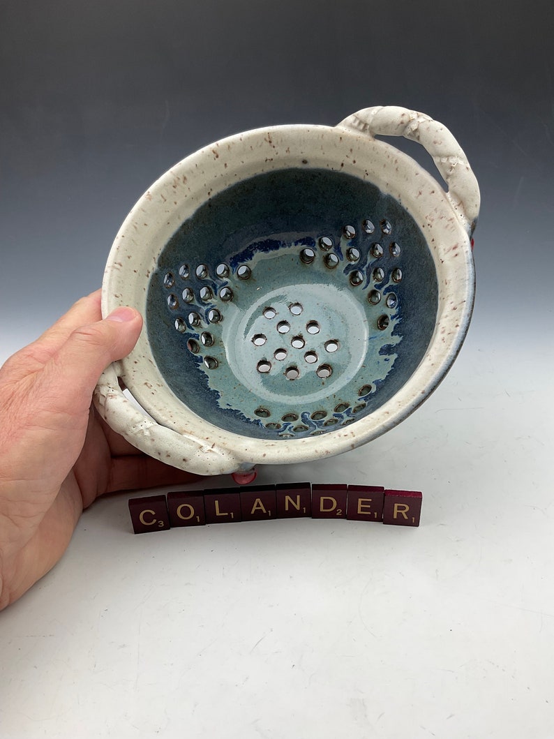 Handmade Pottery Ceramic Kitchen Colander Strainer Blue White 9” by 4 ...