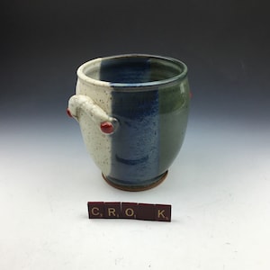 Handmade Pottery Ceramic Kitchen Utensil Tool Holder Crock Pot in Blue White 6&quot; tall