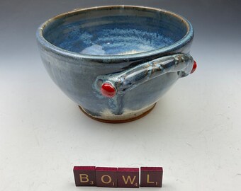 Ceramic Pottery Serving Mixing Bowl Handmade 4" by 7" Food Safe Blue White Bowl holds 4 cups