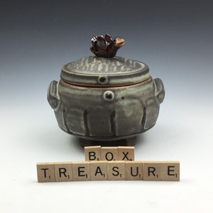 Ceramic pottery handmade covered lidded jar treasure box with bird handle.