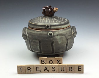 Ceramic pottery handmade covered lidded jar treasure box with bird handle.