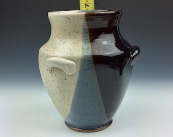 Handmade flat sided ceramic pottery jug pot flower vase in blue and white 6 1/2 inches tall.