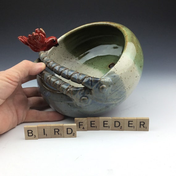 Handmade Ceramic Pottery Bird House Feeder In Blue And Green Etsy