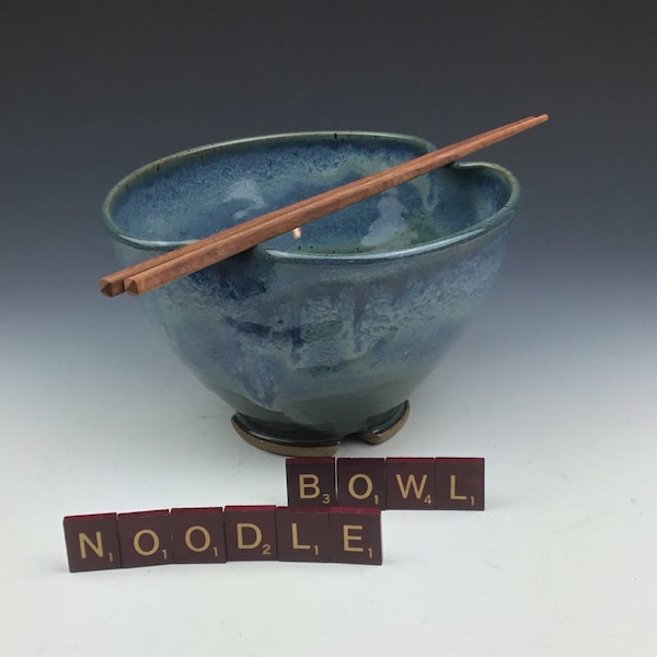 Chopstick Ramen Noodle Bowl Handmade Pottery Ceramic in Blue and Green holds 3 Cups