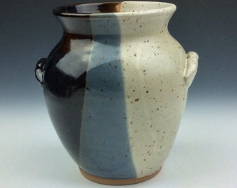 Handmade ceramic pottery squared blue, white, and brown 6" flower vase.