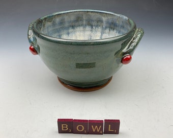 Ceramic Pottery Serving Mixing Bowl Handmade 4" by 7" Food Safe Blue Green White Bowl holds 4 cups