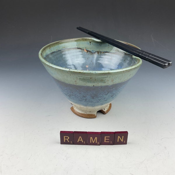 Chopstick Ramen Noodle Bowl Handmade Pottery Ceramic in Blue and white holds 3 cups