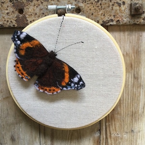 Handmade Needle Felt red admiral butterfly wall art displayed on an embroidery hoop
