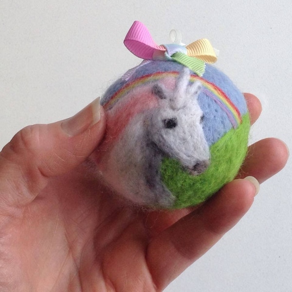 Handmade Needle Felted Unicorn hanging ornament made from sheep wool and Merino wool