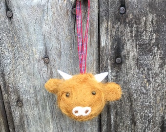 Highland cow decoration  Handmade needle felted bauble with a plain or tartan hanging ribbon