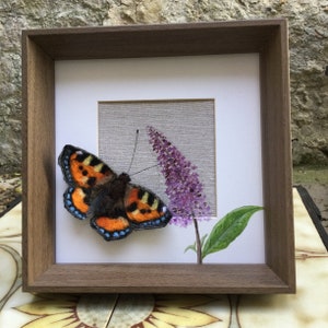 Handmade Needle Felt Small Tortoiseshell butterfly on a painted buddleia wall art in a box frame