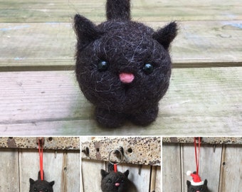 Black Kitten/Cat Needle Vilt Decoratie of sleutelhanger handgemaakt van schapenwol