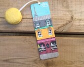 Hand painted Paris scene wooden bookmark with a needle felt macaron