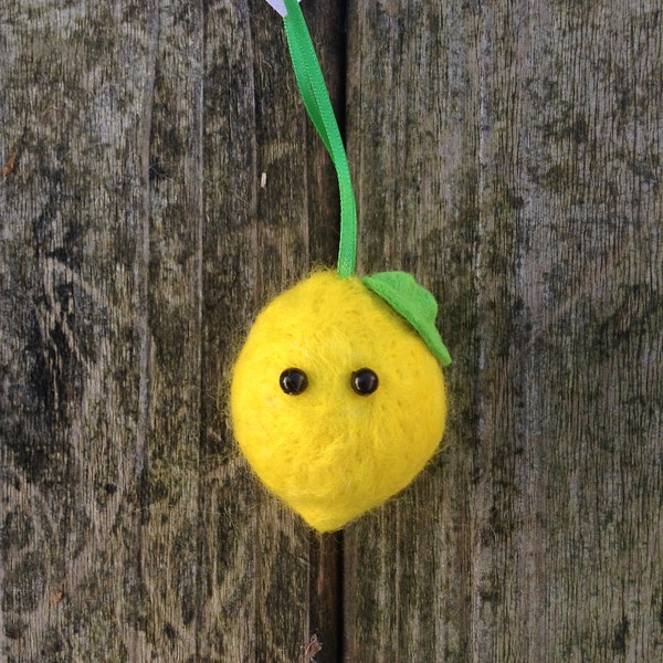 Lemon Bauble Needle Felted Decoration handmade from sheep wool and dyed Merino wool