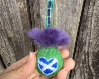 Thistle handmade with heart Saltire needle felted ornament with a tartan hanging ribbon