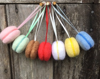 Needlefelt macaron decoration handmade from undyed sheep wool and dyed Merino