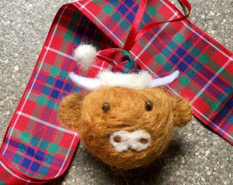 Highland cow Christmas Decoration handmade needle felted bauble with a plain or tartan hat