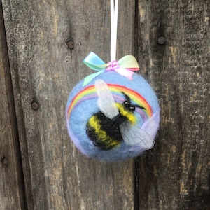 Handmade Bee and rainbow hanging needle felt ornament made from sheep wool and Merino wool