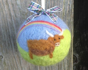 Handmade Needle Felted Spring Highland cow and rainbow hanging ornament made from sheep wool and Merino wool