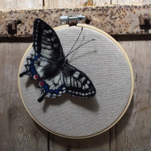 Handmade Needle Felt common swallowtail  butterfly wall art displayed on an embroidery hoop