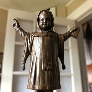 Creepy Munich Child Preacher, Antique Bronze Match Holder, Vesta Case image 1