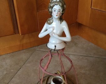 Gorgeous Antique Half Doll Wire Cage Lamp