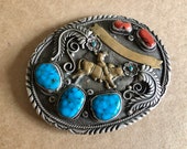Huge Antique Circa 1930-40 Navajo Sterling and No. 8 Mine Turquoise Belt Buckle, Rodeo Prize