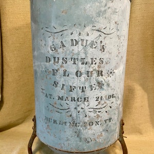 Antique Gadue’s Dustless Flour Sifter Bin, Original Blue Paint