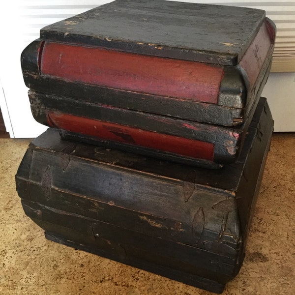 Pair Primitive Antique Asian Rice Boxes with Lids