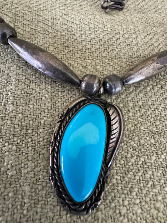 Vintage Navajo Silver and Turquoise Necklace and … - image 3