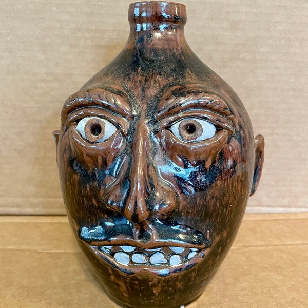 Georgia Pottery Folk Art Face Jug by L.Roe